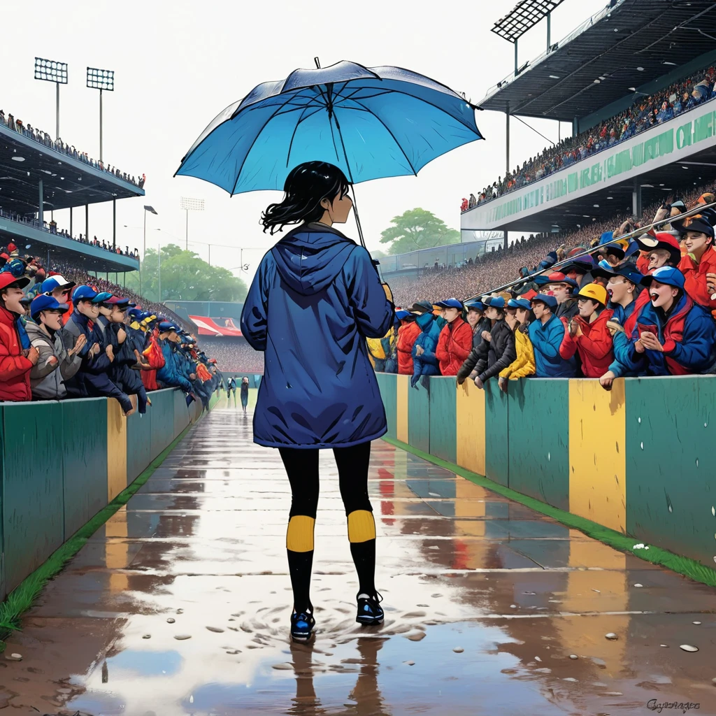 baseball Groundで傘を差して応援する大勢の人々、Happy and excited、Small stadium、(Highest quality、4K、8K、High resolution、masterpiece:1.2)、Super detailed、(Real、Photorealistic、Photorealistic:1.37)、Beautifully detailed face、Highly detailed crowd、Dynamic Movement、Bright colors、Dramatic lighting、Sporting events、Atmospheric、Candid photos、Cheering crowd、baseball Ground、Wet day、Person holding an umbrella々