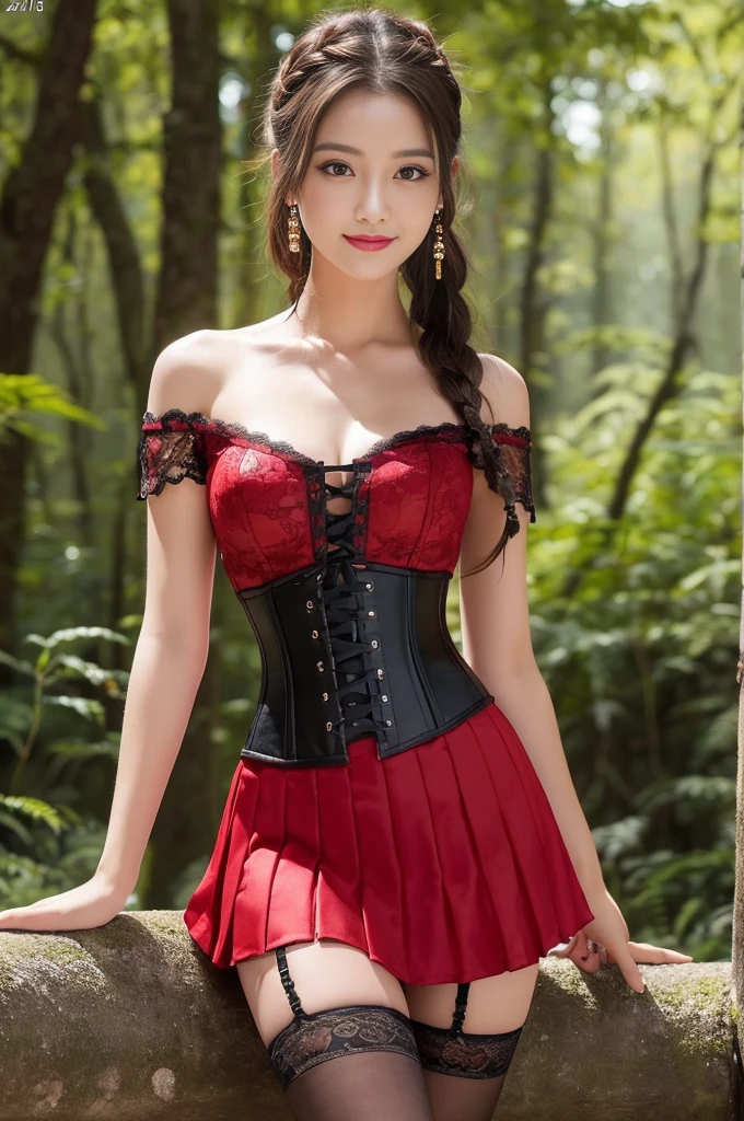 ((Photo from upper body to thigh: 1.4)), ((best soft studio lighting: 1.2)), (sexy Swedish model: 1.3), photorealistic, ultra high resolution, (smiling face), long natural flowing hair, small breasts, (ultra detailed beautiful face), BREAK, clear sharp focus, perfect dark eyeshadow, vivid colors, (in the clearing of an ultra detailed ancient mystery forest: 1.3), bold lipstick, lip-gloss, wear an off-shoulder top, full bodyesbian, ((Red-black pleated mini skirt)), (lace-up corset (lacy red or crimson) silked), ((Versace silked bustier top)), ((lace-up)), (sexy braided hold-up tights), (-pantise), blue eyeliner, (beautiful princess with long legs and good style)