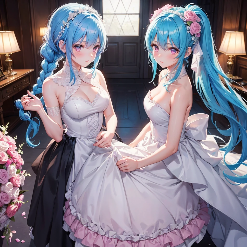 sky Blue hair, (braided ponytail),(pink eyes),fair skin ,(full body),(1 girl),bride,soro,blush,Straight Bangs, June Bride,Wedding dress,(masterpiece, best quality, ultra-detailed, best shadow), (detailed background), (beautiful detailed face), high contrast, (best illumination, an extremely delicate and beautiful), ((cinematic light)), colorful, hyper detail, dramatic light, intricate details,Wedding hall,