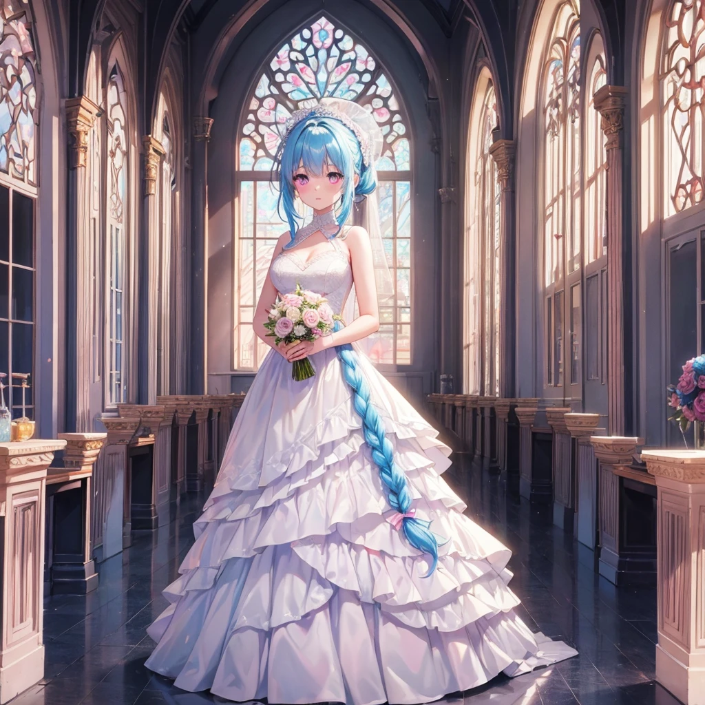 sky Blue hair, (braided ponytail),(pink eyes),fair skin ,(full body),(1 girl),bride,soro,blush,Straight Bangs, June Bride,Wedding dress,(masterpiece, best quality, ultra-detailed, best shadow), (detailed background), (beautiful detailed face), high contrast, (best illumination, an extremely delicate and beautiful), ((cinematic light)), colorful, hyper detail, dramatic light, intricate details,Wedding hall,