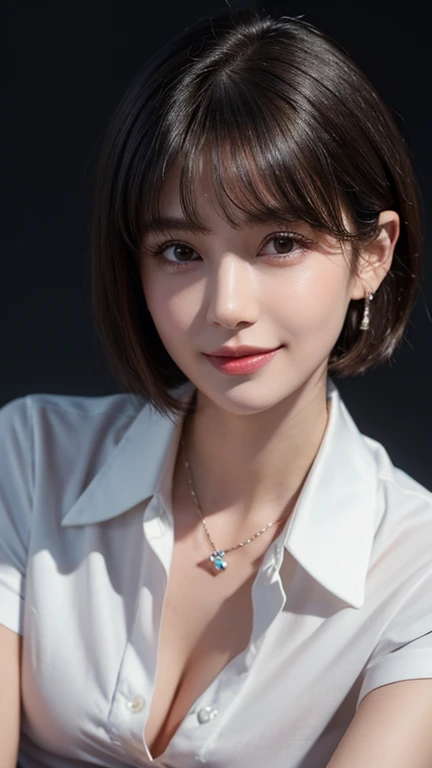 masterpiece,Highest quality,One girl,Very detailed,Improves skin quality,Ultra-high resolution,Very delicate,super high quality,Detailed face,Beautiful Eyes,(short hair:1.3),Beautiful Nose,(Thin collared shirt:1.5),Exposed cleavage,(looking at the camera),((Dark Office Background)),Detailed lighting,Shining Model,Emphasize the chest,Shiny skin,Beautiful shadows,smile,Earrings,necklace,bangs,smile