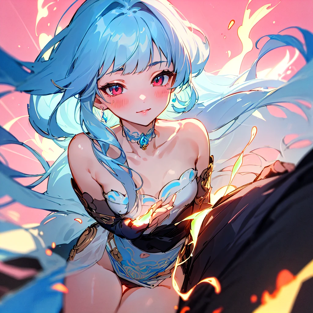 masterpiece, best quality, extremely detailed, (illustration, official art:1.1), 1 girl ,(((( light blue long hair)))), ,(((( light blue long hair)))),light blue hair, ,,loli, long hr ((blush)) , cute face, big eyes, masterpiece, best quality,(((((a very delicate and beautiful girl))))),Amazing,beautiful detailed eyes,blunt bangs((((little delicate girl)))),tareme(true beautiful:1.2), sense of depth,dynamic angle,,,, affectionate smile, (true beautiful:1.2),,(tiny 1girl model:1.2),)(flat chest),((Sketch)), (Watercolor), 1girl,  red eyes, beautiful eyes, detailed lips, pout, choker, collarbone, bare shoulders, small breasts, wide hips, (black revealing clothes with blue ornate), (pelvic curtain), center opening, thigh gap, black fingerless gloves, (pink flames, pink fire background), hip dips, thick thighs, perky breasts, half body, close up, portrait, lying down, half-lidded eyes, kimono, posing