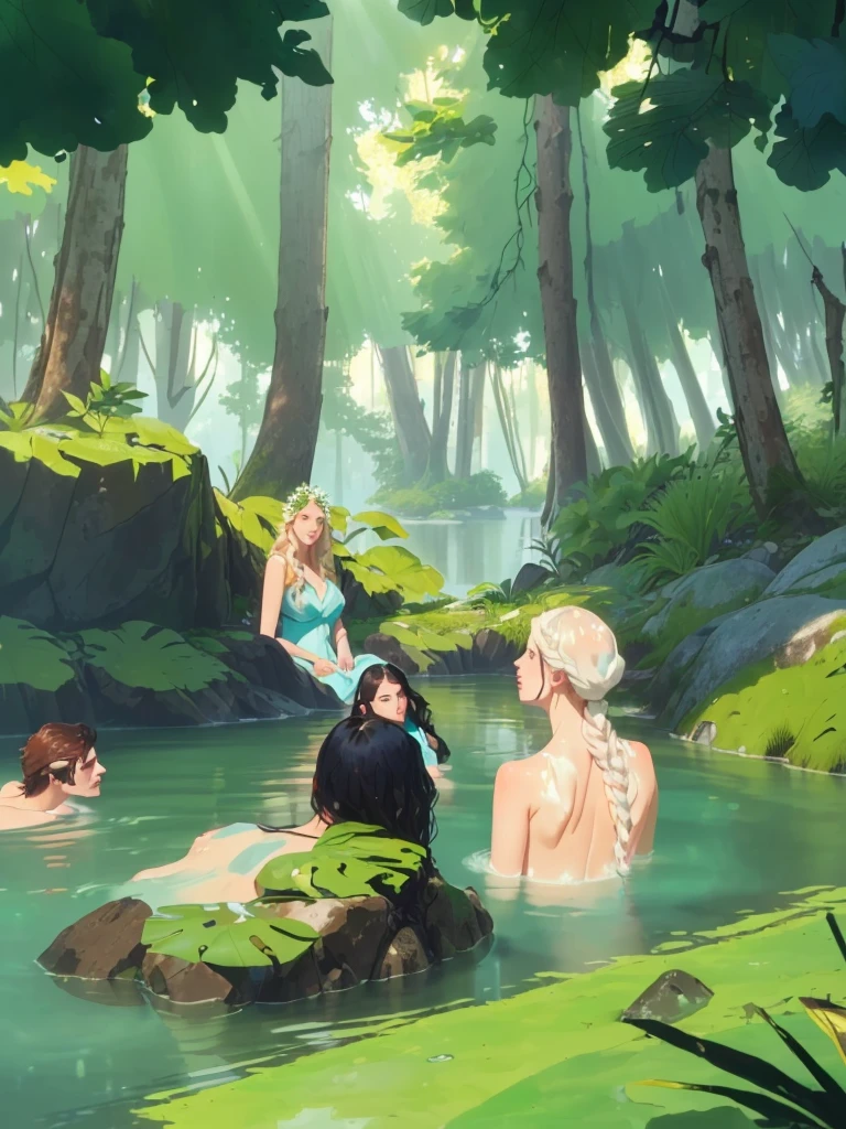 a group of 4 people bathing in a lake,1 woman, 3 men, crystal clear water, lush green trees surrounding the lake, warm sunlight filtering through the leaves, peaceful and serene atmosphere, detailed facial features, realistic skin textures, wet clothing and hair, splashing water effects, high quality 8k resolution, photorealistic, vibrant colors, natural lighting, masterpiece