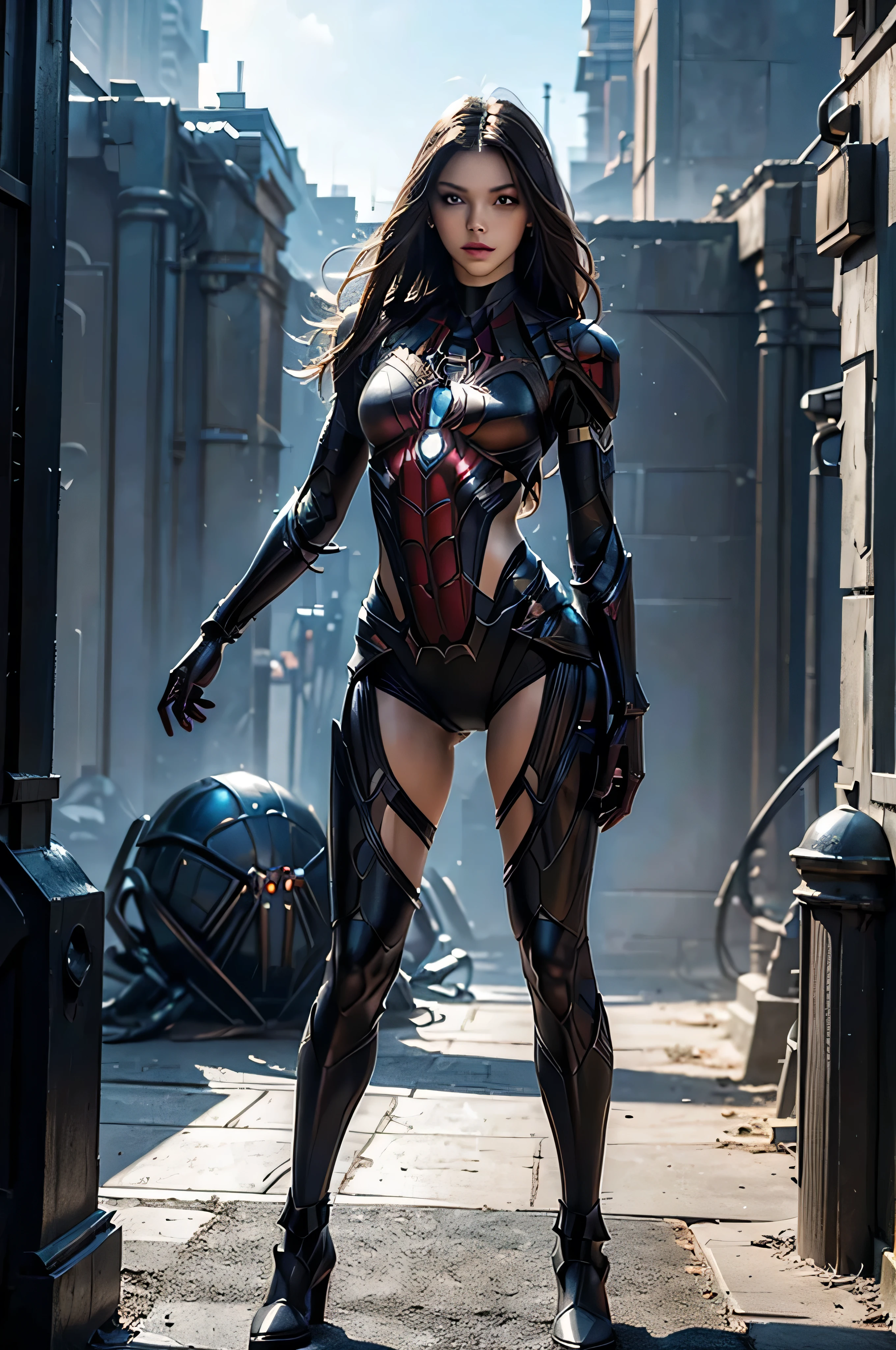 ((masterpiece, 8K, 3D, Realistic, Super Detail)), (1girl:1.3), slender 16 age, Ultra Micro photography, Melissa Benoist Super realistic, Perfect face, 16K resolution, 4k resolution, The photo was taken from the Front, facing to the photographer, Foreground photo, dynamic lighting, posing on a pedestal, high-definition resolution, Beautiful features, ((Perfect female Model Slim body)) Beautiful features, Standing pose, ((small hip)), (((2 piece Hotpants-Bikini))), Sci-fi futuristic, ((Iron man armor)) ((bionic Fragmented Spider man chest armor suit)), ((Exposed slim thighs)), wear mesh metal-stockings, ((slim thighs)), ((bionic Slim thighs Spider man armor)), Front Full body Shot, full body portrait, perfect legs, Iron Man shoes, futuristic city background