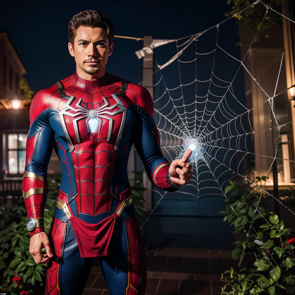 A man wearing mix costume of Spider-Man and ironman with thors hammer hanging on spider webs in night