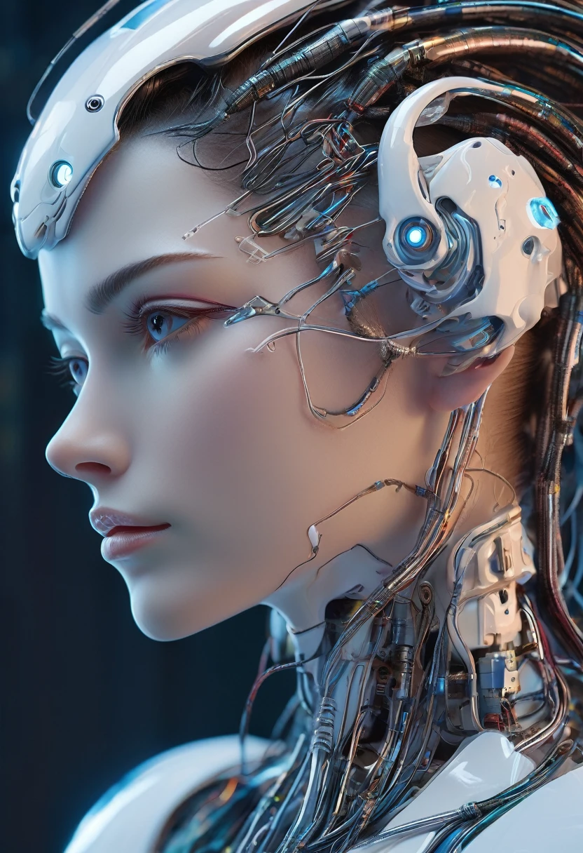 Beautiful porcelain woman profile, Android Face, cyborg, Robot parts, Perfect soft light , Edge Light, Vivid details, Gorgeous cyberpunk, race, Surreal, Anatomical, Facial muscles, electric wire, Microchip,It&#39;s located in the control center of a technologically advanced space station.。, (Intricate details of high-quality machines), Cinematic Style, Absolute sharpness, 8K images.(masterpiece).(Intricate details of high-quality machines), Cinematic Style, Absolute sharpness, 8K images.(masterpiece).