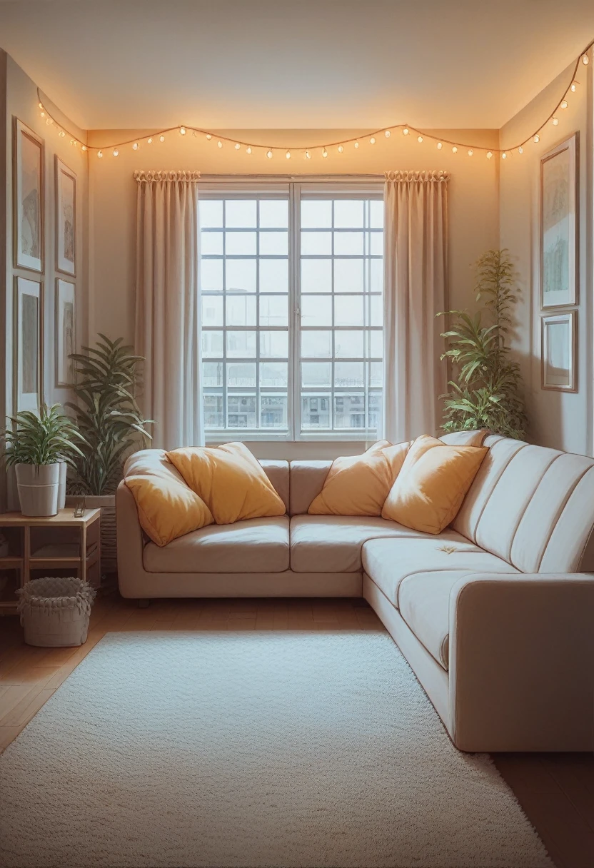 insanely detailed dollhouse, cozy bedroom, cute 3d render, attractive lights and shadows, white and yellow cushions, architecture, furniture, indoors, building, living room, room, rug, plants, home decoration, sofa, chair, interior design