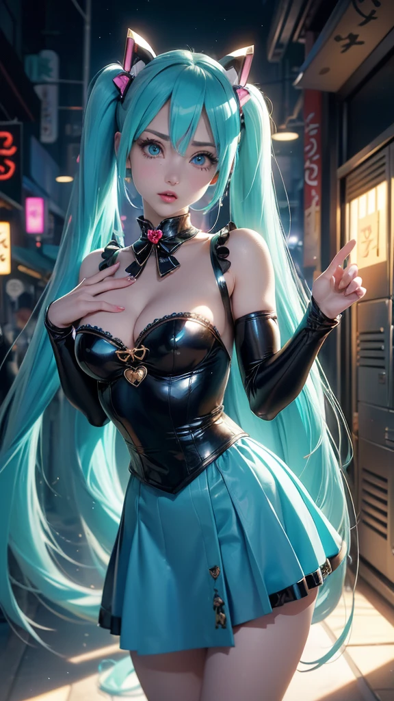 (La best qualityer,high resolution,super verbose,real),Grande Ariana, chica anime Scenario, anime Scenario, (Hatsune MikuScenario:1.4) , foto de Scenario, Two white tails_mitts, Scenario, Cute anime waifu wearing cute clothes, anime far away hair girl, Anime goddess, Scenario elegante y glamoroso, Anime girl dressed as a maid more details 8K.engine unreal:1.4,High definition,La best qualityer:1.4, realisitic:1.4, texture:1.4, work of art:1.8,work of art, best qualityer,object object], (detailed facial features:1.3),(correct proportions)(detalhes faciais: 1.5, shining blue eyes, Face pretty, comely eyes, Iris contour, fine tune lips: 1.5, fine tune, sharp pale eyebrows, far away, dark lashes, Double label),,  (cowboy pose), ,( cyberpunk 2.1), (kawaii locker room :1.4), perfect hands: 1.5, (Perfect Anatomia), (Tokyo night alley background:1.4) comely 、Breasts huge:1.4