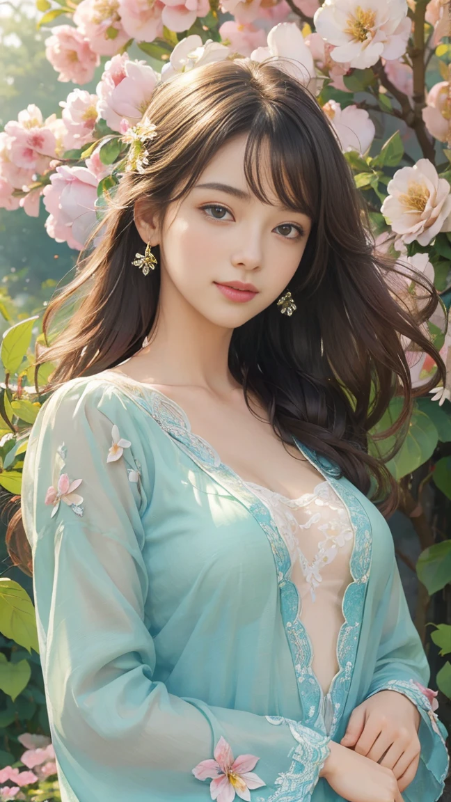 (High resolution,Vibrant colors,Realistic:1.2),One girl,Beautiful attention to detail,Beautiful lip detail,Bright flowers々blooming garden,Lush greenery,Soft sunlight,Serene atmosphere,Carefully crafted details,A variety of colorful flowers,Delicate petals,Dew on the leaves,Butterflies in the air,Peaceful atmosphere,Gentle breeze,Joyful expression on the girl's face,Happiness in her eyes. lingerie, Cowboy Shot
