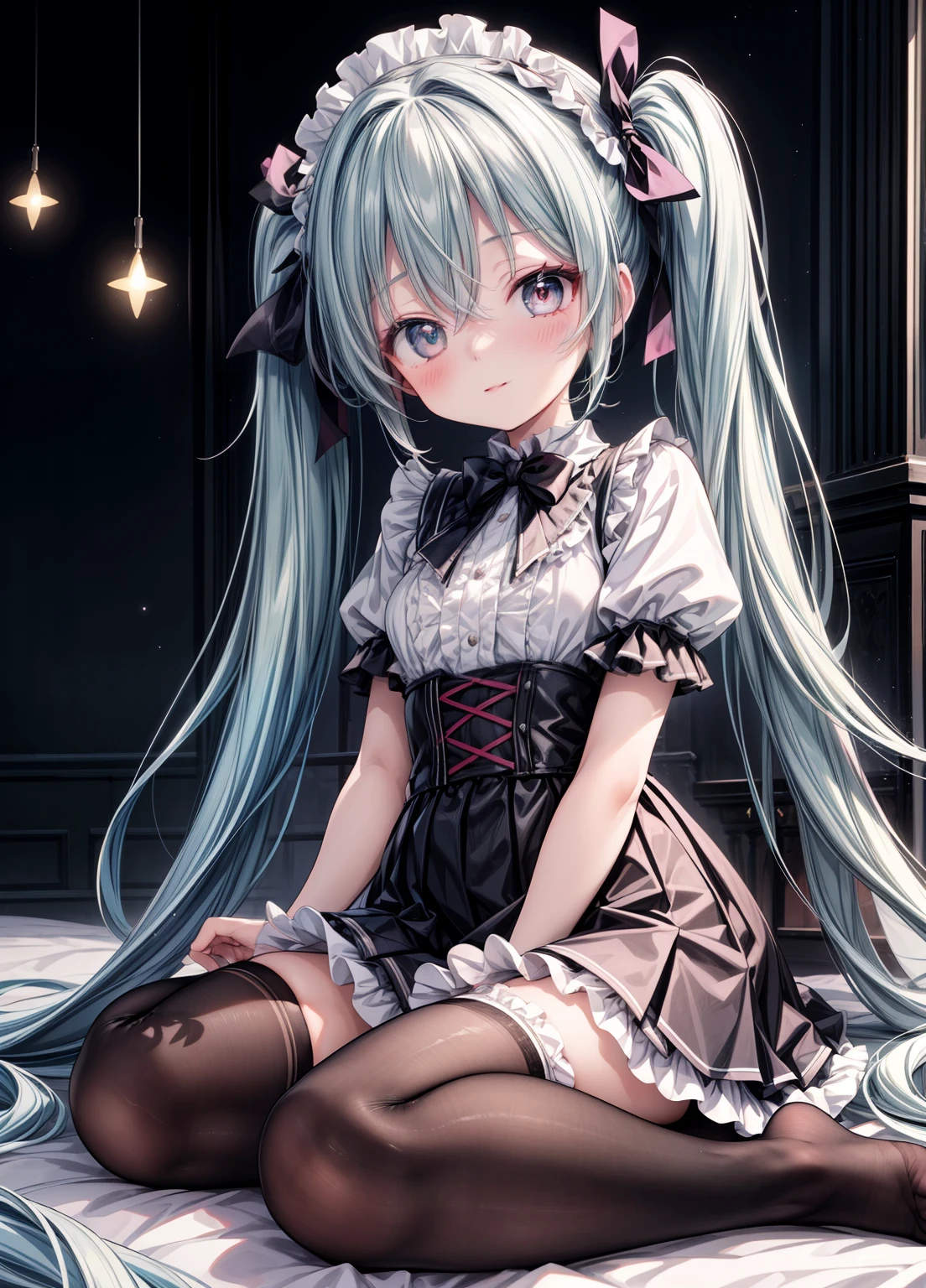 (masterpiece、Highest quality、Highest quality、Official Art、Beautiful and beautiful:1.2)、(One girl:1.3)Hatsune Miku、Twin tails,Beautiful breasts,masterpiece, detailed, alone, 1 Girl, Junior high school girl, thin, , A fluffy, girly outfit that combines cuteness and style., Fururu, race, gothic lolita dress, Hair Ribbon, smile, black tights, Cute Underwear, Stylish Hair, Big eyes, Fuller lips, White catsuit, Princess Shoes, Beautiful feet, Hair Ribbon, hair band, Pleated skirt, Stirring motion, I stare at you on a date, Sharp focus, Perfect Face, detailedな顔と目, dynamic, Vibrant, Shadow, colorful, mysterious, Cinema Lighting, モデル撮Shadowのためのかわいいポーズ