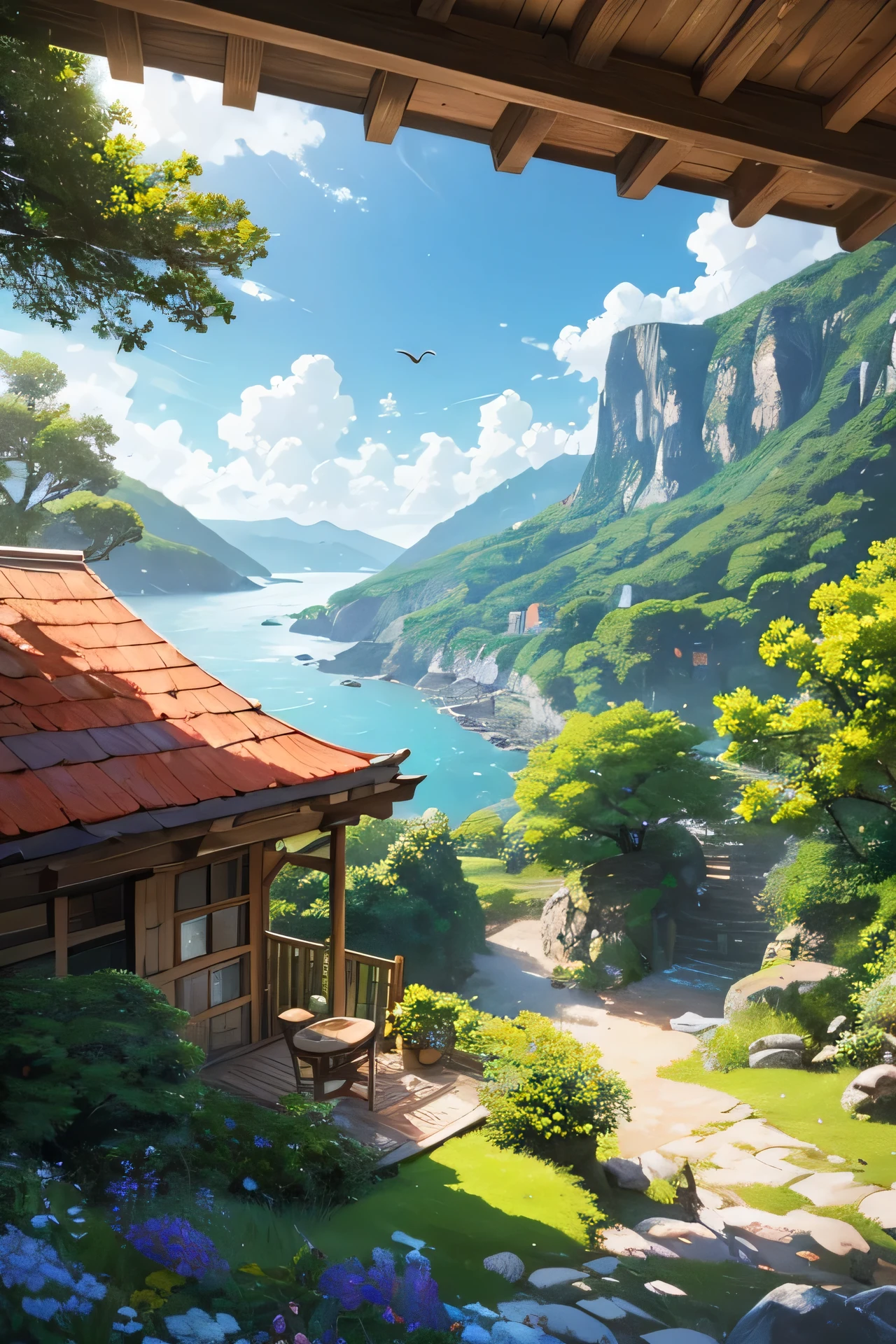 A cozy cottage overlooking a rocky seaside cliff, massive lush green trees, red-tiled roof, wooden chairs and table by beach, flowers in foreground, mountainous landscape in background, birds flying in blue cloudy sky, incredibly detailed and realistic painterly style, ultra realistic painting