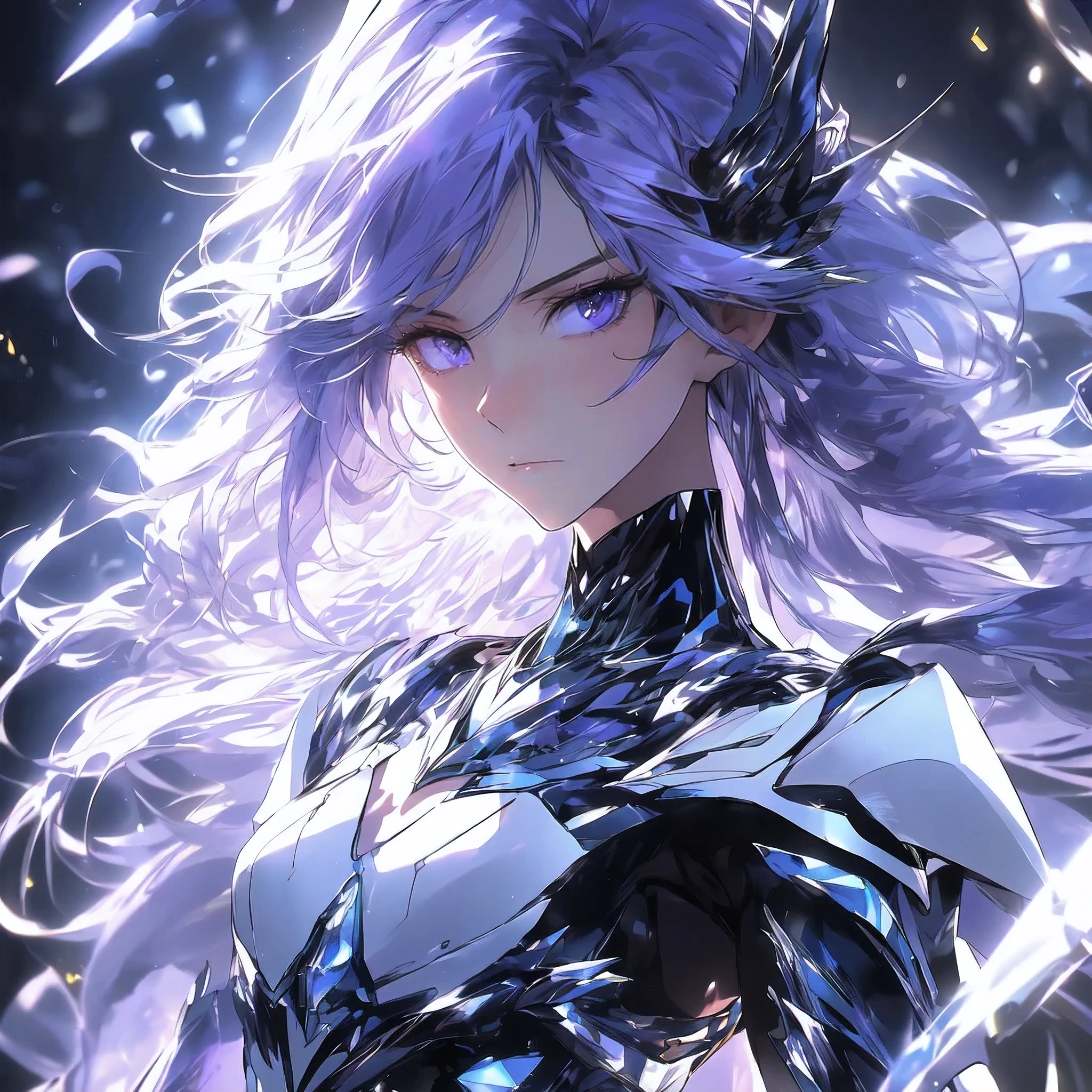 (anime, in the style of Arknights, detailed face, dynamic face, incredibly absurdres, smooth, 8k wallapaper, masterpiece, hyper extreme detailed:1.2), (flat chest, long hair, neat hair, flat chest, solo:1.42), 1girl, face shot, dutch angle, goddess, blue eyes, (tsurime, glaring, glare, side eye, shiny hair, glowing hair, translucent, crystal hair:1.23), (ghostly hair, purple hair:1.32), mythical, purple flames, crystallineAI, (white heavy armor, white high tech armor, white armor, white dress, white royal dress:1.33), armored dress, royalty, no chest skin exposed, covered breasts, full armor, no expression, (bodysuit:0.88)