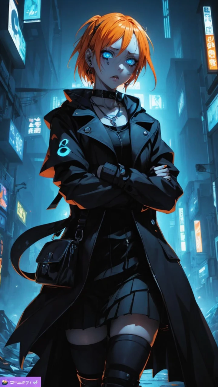 Anime, girl, rave, blue eyes, orange hair, embarrassment, sexy expression, ahegao,horny, nswf, strong shadows under the eyes, bags under the eyes, ahegao, piercing. Noir, Gothic, cyberpunk.
