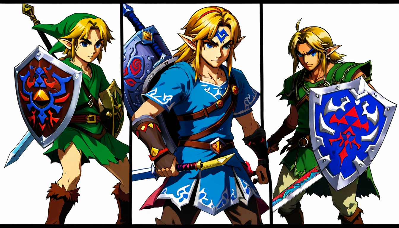 Link with the Hylian shield and the master sword with Zelda fights Ganondorf with Majora's mask and Ganon ,ghibli style and miyamoto draw style