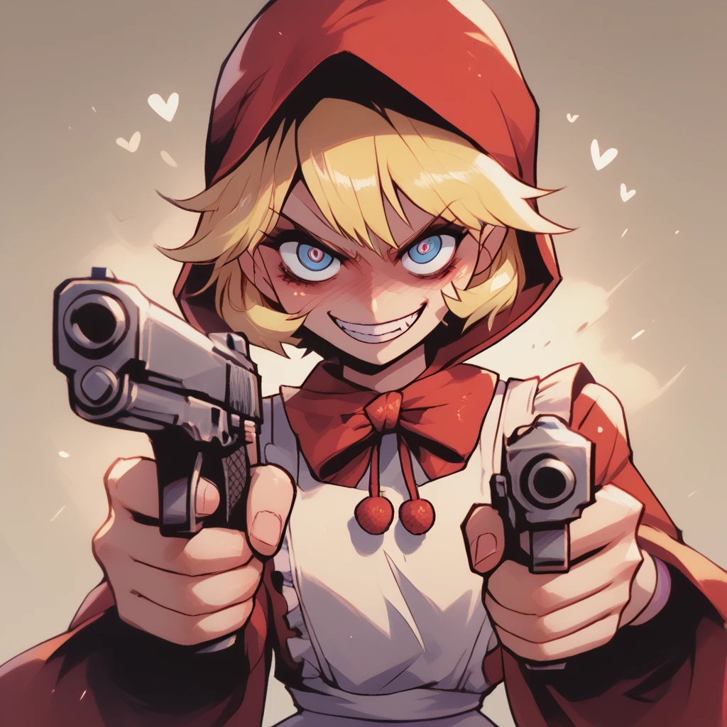 score_9,score_8_up,score_7_up,score_6_up,score_5_up,score_4_up, 1girl,solo,,rariatto, bulleta,blonde hair,
little red riding hood (grimm) (cosplay),red dress,red hood, apron, evil, crazy smile, looking at viewer, upper body,heart, right pistol