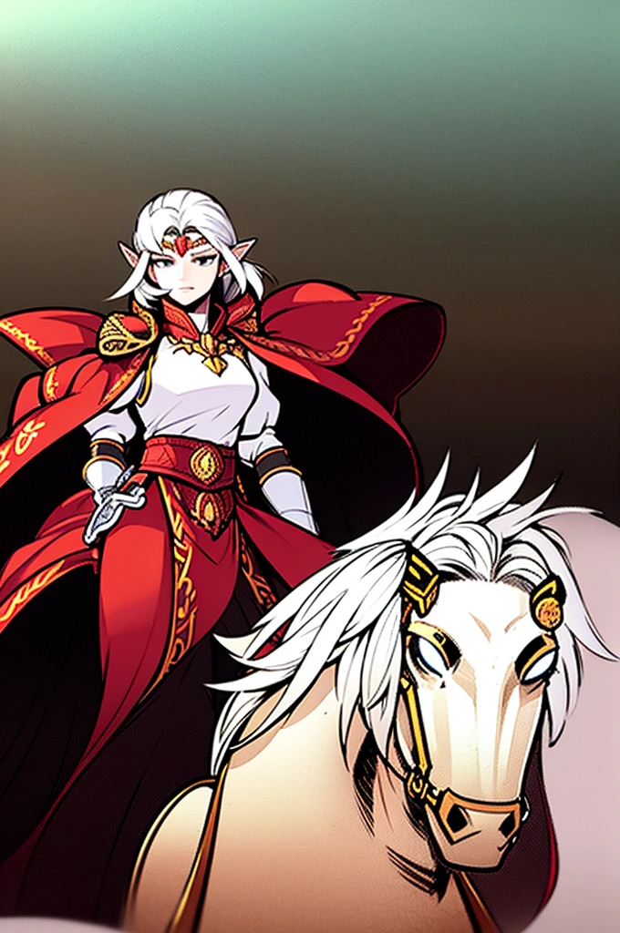 male half elf knight, full body art, silver hair, white skin, red iris eye, knight full plate adorned armor, silver cape, perfectly detailed, mounted on a armored horse