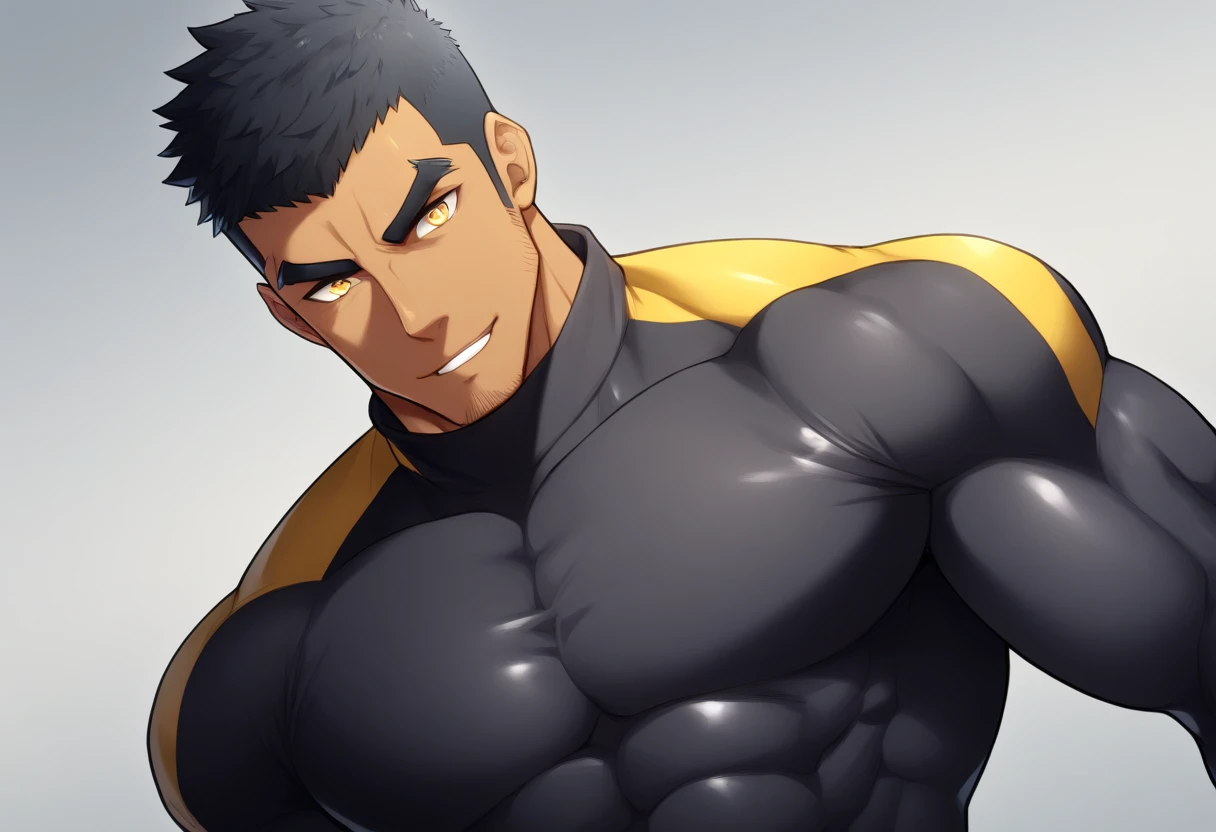 anime characters:Gyee, Muscle Sports Student, negro black skin, 1 dark skin muscular tough guy, Manliness, male focus, Light yellow high collar long sleeve tight T-shirt, Wear a sports jacket, Very tight, Round, full and perky chest muscles, Slightly transparent, muscular male, muscular, only, Upper body, alone, Black short hair, Thick eyebrows, stubble, Yellow eyes, Grey background, simple background, amazing quality, best aesthetics, Ridiculous, bright pupils, crew cut, parted lips, seductive smile, torogao, naughty face, drop shadow, best quality