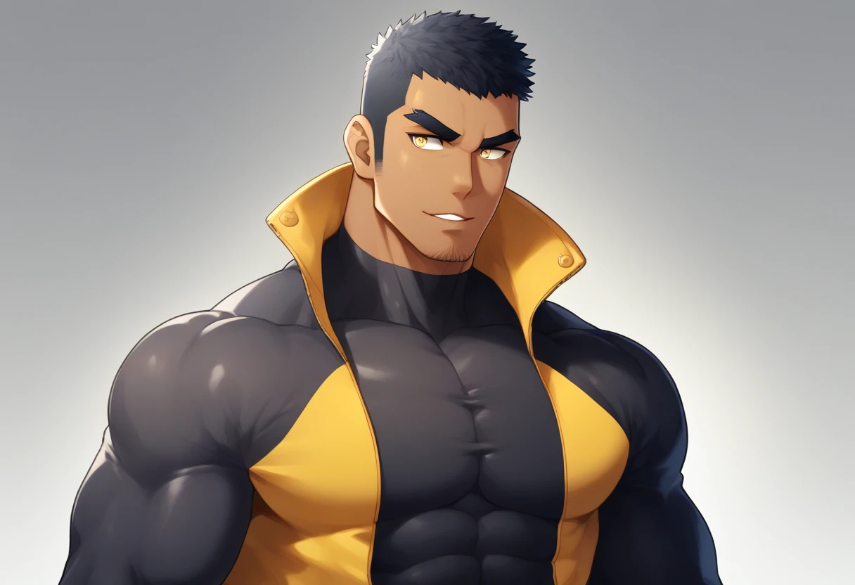 anime characters：Gyee, Muscle Sports Student, negro black skin, 1 dark skin muscular tough guy, Manliness, male focus, Light yellow high collar long sleeve tight T-shirt, Wear a sports jacket, Very tight, Round, full and perky chest muscles, Slightly transparent, muscular male, muscular, only, Upper body, alone, Black short hair, Thick eyebrows, stubble, Yellow eyes, Grey background, simple background, amazing quality, best aesthetics, Ridiculous, bright pupils, crew cut, parted lips, seductive smile, torogao, naughty face, drop shadow, best quality