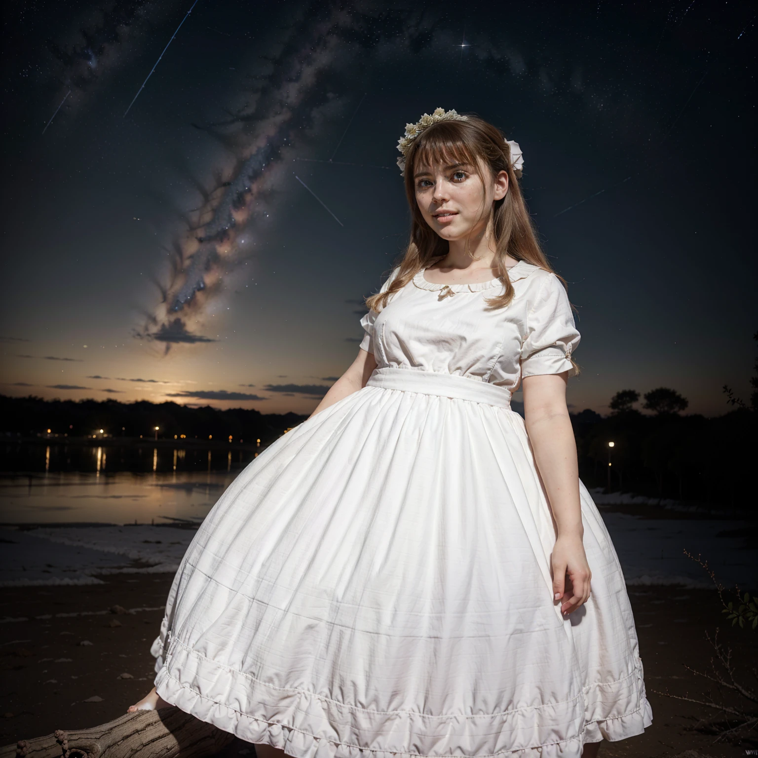 The background is a city., perfect by white girl,  in dress, by white, by white god, cute anime waifu with beautiful clothes, hoary, best anime wallpaper 4k konachan, little obese lolivez in Pixiv ArtStation, by white girl, night, standing on a tree, looking at the stars, super detailed face,