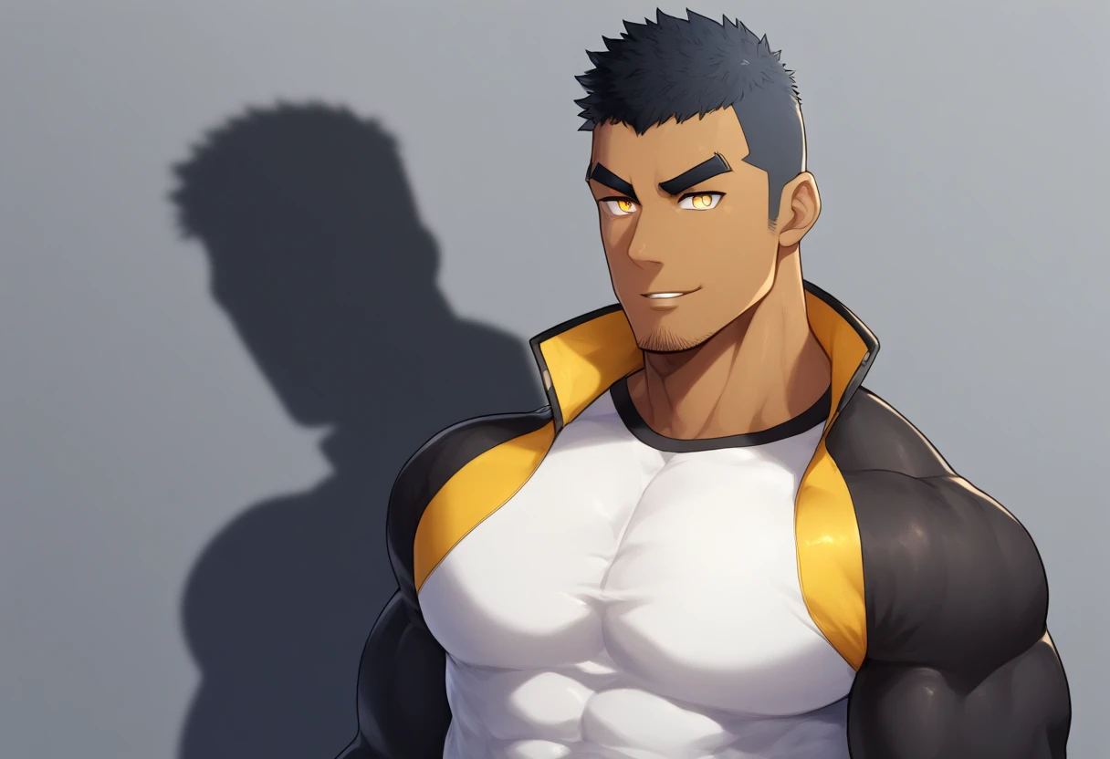 anime characters:Gyee, Muscle Sports Student, negro black skin, 1 dark skin muscular tough guy, Manliness, male focus, Light yellow high collar long sleeve tight T-shirt, Wear a sports jacket, Very tight, Round, full and perky chest muscles, Slightly transparent, muscular male, muscular, only, Upper body, alone, Black short hair, Thick eyebrows, stubble, Yellow eyes, Grey background, simple background, amazing quality, best aesthetics, Ridiculous, bright pupils, crew cut, parted lips, seductive smile, torogao, naughty face, drop shadow, best quality