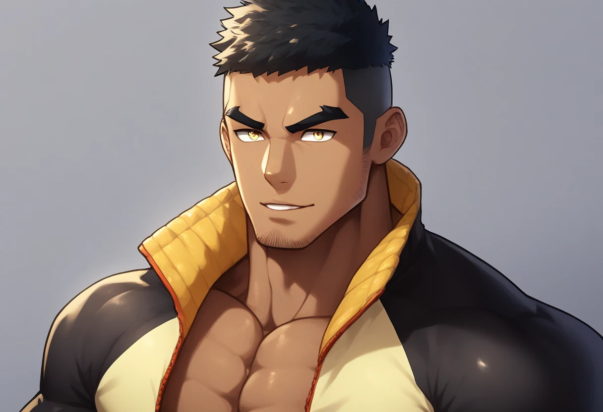 anime characters:Gyee, Muscle Sports Student, negro black skin, 1 dark skin muscular tough guy, Manliness, male focus, Light yellow high collar long sleeve tight T-shirt, Wear a sports jacket, Very tight, Round, full and perky chest muscles, Slightly transparent, muscular male, muscular, only, Upper body, alone, Black short hair, Thick eyebrows, stubble, Yellow eyes, Grey background, simple background, amazing quality, best aesthetics, Ridiculous, bright pupils, crew cut, parted lips, seductive smile, torogao, naughty face, drop shadow, best quality