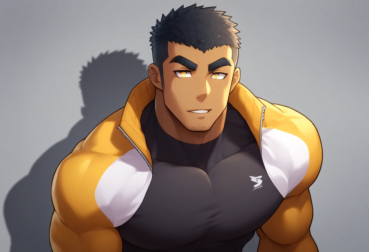 anime characters：Gyee, Muscle Sports Student, negro black skin, 1 dark skin muscular tough guy, Manliness, male focus, Light yellow high collar long sleeve tight T-shirt, Wear a sports jacket, Very tight, Round, full and perky chest muscles, Slightly transparent, muscular male, muscular, only, Upper body, alone, Black short hair, Thick eyebrows, stubble, Yellow eyes, Grey background, simple background, amazing quality, best aesthetics, Ridiculous, bright pupils, crew cut, parted lips, seductive smile, torogao, naughty face, drop shadow, best quality