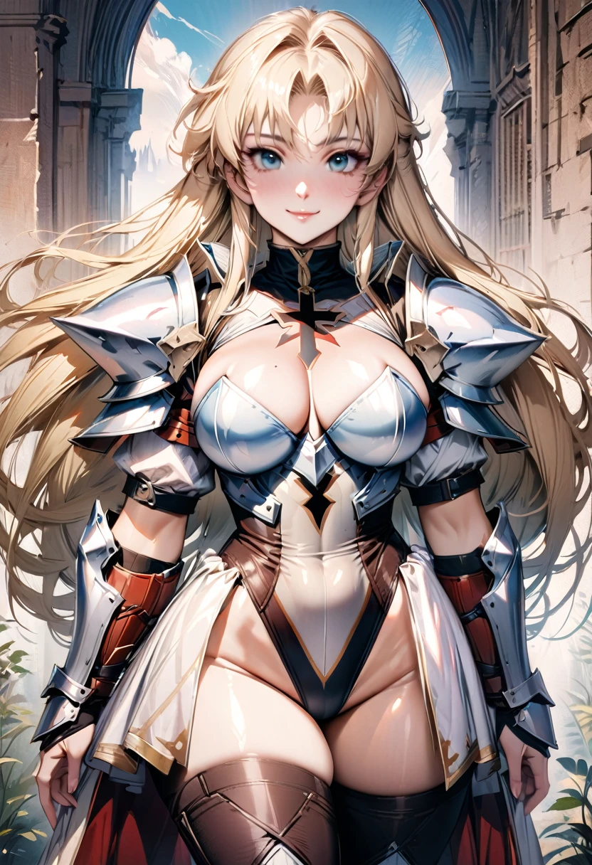 ((highest quality)), ((masterpiece)), ((hyperrealistic)), (detailed background), solo, 1girl, ((curvy: 1.2)), kawaii, gentle smile, ((wizard knight)), langrisser, blonde braided long hair, Cross Sword, ((Large cross pattern Leotard: 1.5)), (paladin armor), ((ArmoredDress)), ((Tight-fitting leotard bodysuit)), ((large breasts)), ((arm guard gauntlet)), metal breastplate, ((zettai ryouiki thigh boots)), (big butt), (cleavage cutout), (Groin), (thigh), (See-through black pantyhose), beautiful aqua eyes, droopy eyes, parted bangs, perfect face, Perfect hands, perfect fingers, Blue sky and grassland, posing, 