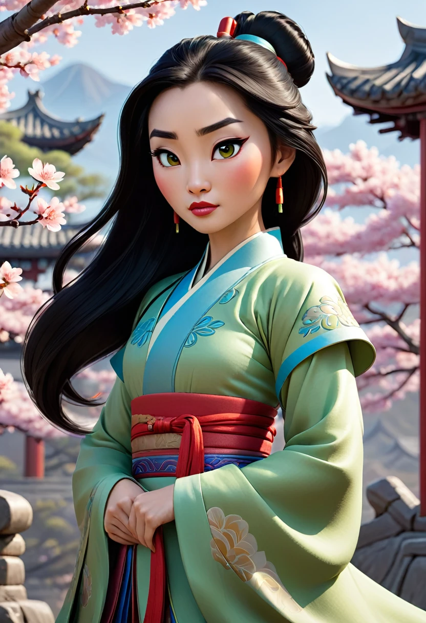 Create a close-up portrait in 4K resolution of Mulan from Disney's Mulan. The portrait should capture her iconic features: her long, straight black hair, her almond-shaped dark brown eyes, and a determined, courageous expression. Mulan should be wearing her traditional Chinese attire, such as her green and blue warrior outfit or her red matchmaker dress. The background can include elements of ancient Chinese architecture or a serene landscape with cherry blossom trees. The lighting should be natural and balanced, highlighting her bravery and inner strength.