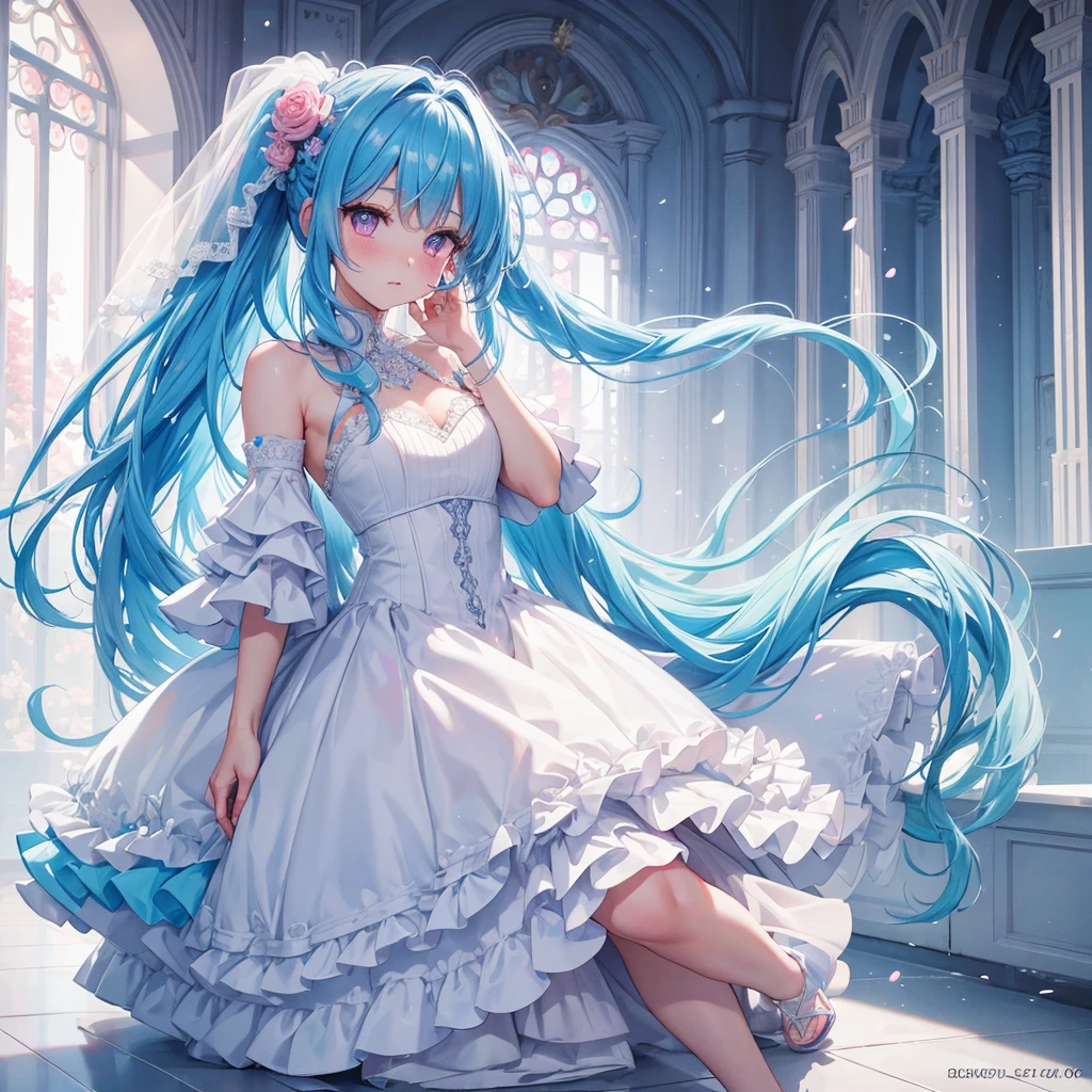 sky Blue hair, (braided ponytail),(pink eyes),fair skin ,(full body),(1 girl),bride,blush,Straight Bangs, June Bride,Wedding dress,(masterpiece, best quality, ultra-detailed, best shadow), (detailed background), (beautiful detailed face), high contrast, (best illumination, an extremely delicate and beautiful), ((cinematic light)), colorful, hyper detail, dramatic light, intricate details,Wedding hall,