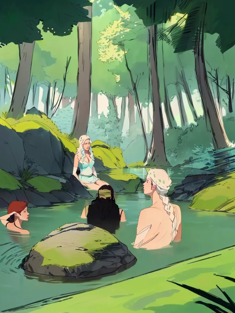 a group of 4 people bathing in a lake,1 woman, 3 men, crystal clear water, lush green trees surrounding the lake, warm sunlight filtering through the leaves, peaceful and serene atmosphere, detailed facial features, realistic skin textures, wet clothing and hair, splashing water effects, high quality 8k resolution, photorealistic, vibrant colors, natural lighting, masterpiece