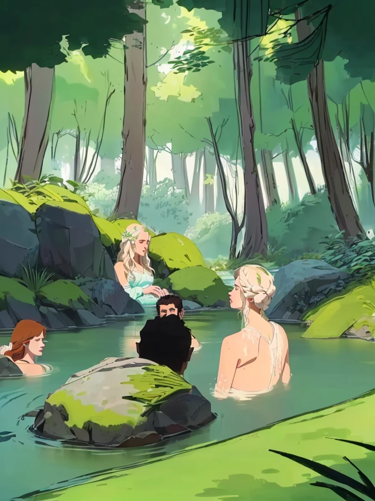 a group of 4 people bathing in a lake,1 woman, 3 men, crystal clear water, lush green trees surrounding the lake, warm sunlight filtering through the leaves, peaceful and serene atmosphere, detailed facial features, realistic skin textures, wet clothing and hair, splashing water effects, high quality 8k resolution, photorealistic, vibrant colors, natural lighting, masterpiece