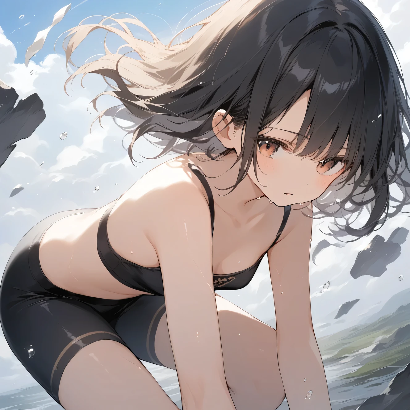 score_9, score_8_up, score_7_up, source_anime, best quality, masterpiece, official art, absurdres, highres, ultra-detailed,waifu2x,Collection: Slice of Life,break,1girl, 15-year-old, short hair, black hair, small breasts, beautiful detailed face, beautiful detailed eyes, well-proportioned iris and pupils, parted lips, beautiful detailed lips, bike shorts, sweat, expressionless, sleepily, fantasy, outdoors, wind, break,(clear line illustration:1.2),very high resolution, very aesthetic, super detailed skin, Best cinematic lighting powered by famous artist, 8k, beauty illustration,photoshop_(medium),,(Detailed Lighting),best anime 8k konachan wallpaper, pixiv contest winner,