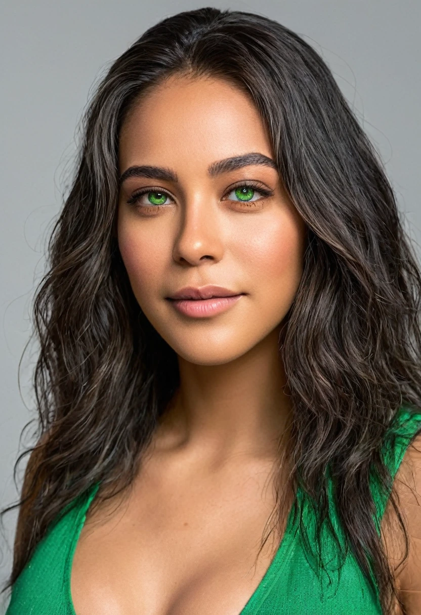 A beautiful woman, beautiful Latin face, young Brazilian Nyvi Estephan, Brazilian supermodel, serene and elegant beauty, Angolan descent, young adult 30 years old, nerdy woman, tall woman, a stunning black woman, with indigenous features, beautiful indigenous girl, native Brazilian, ((A European ebony indigenous African girl)), ((her beauty is undeniable)), beautiful young dark skinned ebony, tanned Mexican, long blue hair, straight blue hair, asymmetrical cut can add a modern and stylish touch . has an exotic beauty with beautiful green eyes, green realistic eyes, bright green eyes, ultra detailed green eyes, ultra realistic green eyes, natural green eyes, ultra detailed iris, perfect eyes, perfect iris, hyper realistic eyes, eyeliner, long eyelashes and defined, penetrating gaze that conveys confidence, striking, powerful expression, strong presence, striking makeup, full, voluminous lips, seductive lips, captivating, striking, unforgettable, dazzling, mischievous smile, wide smile, your features are captivating, subtle smile on your lips , beautiful and detailed face, detailed skin texture, Notice her perfectly shaped eyebrows, which arch gracefully above her eyes, small nose that is proportionate to her face, and soft contour of her face that accentuates her high cheekbones. Beautiful and glowing skin, intricate details, smooth skin, healthy and radiant appearance, Attractive slim woman, Average bust, Average and beautiful breasts, athletic physique, flat stomach, slim waist, huge hips, wide hips, big ass, thick thighs, legs shapely concept art .3D 4k, high resolution, full sharpness photo realistic, breathtaking, Lentille nette, Photographie professionnelle, Objectif 70mm, Unreal Engine 5, wallpaper, colorful, art, (Hdr: 1.5), hyper-detailed, (ArtStation: 1.5) rich color, hyper-realistic, realistic texture, (dramatic lighting), Cinestill 800