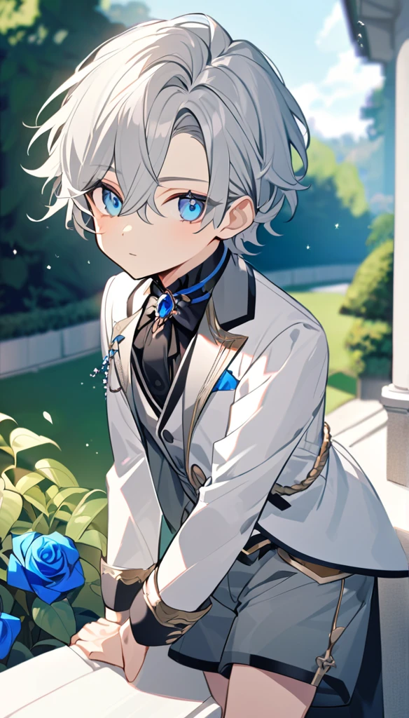 Handsome,very beautiful,1 little boy,young,alone,white short hair,blue eyes,black shirt,Luxurious white blazer,((Gray suit shorts)),black garters,((blue Rose)),White satin ribbon clothing decoration,Exquisite clothing details,Calm expression,Holy,Goethe-style,garden
