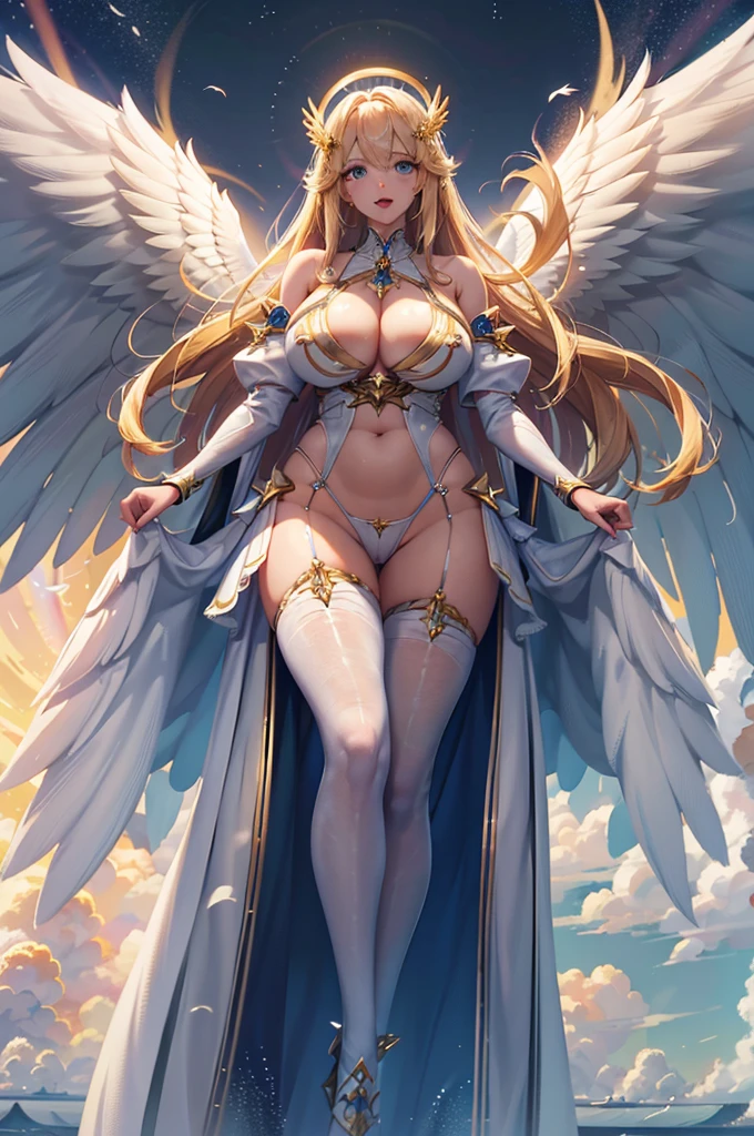 anime、最high quality, high quality, 8K、High resolution,Highest quality、solo、Adult woman in white bikini with wings on her chest,Blonde hair and blue eyes、Plump、Thighs、From below、Open Mouth Smile、super Wide Angel, animeの女神, Majestic angel all over the body, Wide Angel, Highly detailed art gems, Spectacular angles and poses, Beautiful angel, Huge and stunning goddess shots, chic, Angela White, Tall female angel, 美しく魅力的なanimeの女性, Angel Knight Girl, She has angel wings on her back