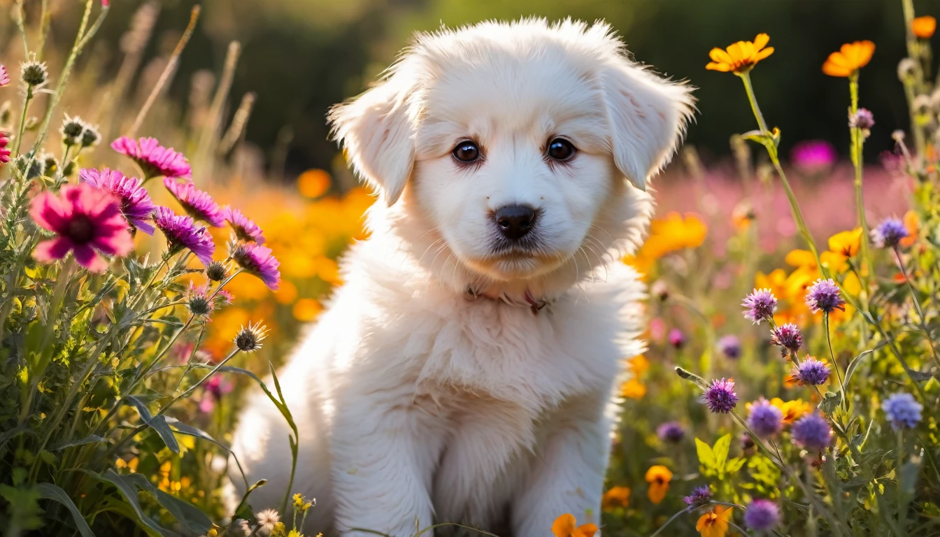 A fluffy white puppy with big brown eyes, sitting in a field of colorful wildflowers, basking in the warm sunlight.