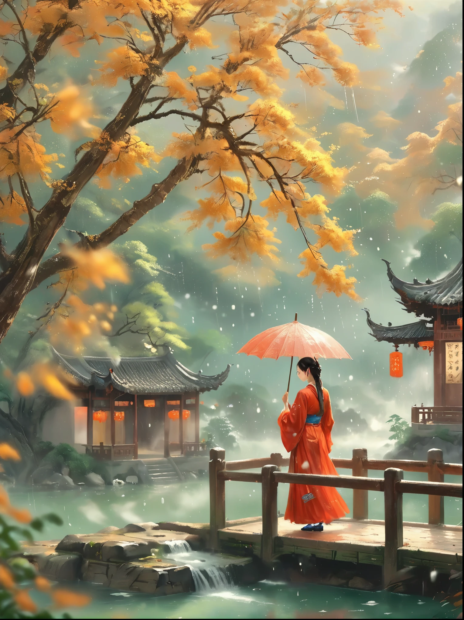 (Best quality，8K，high resolution，masterpiece:1.2)，Ultra Detail，(Girl holding an oil-paper umbrella:1.5)，(Oil-paper umbrella:1.5)，(Girls Focus)，(Close shot:1.3)，(beauty细致的眼睛，beauty细致的嘴唇，Extremely detailed eyes and face，Long eyelashes)，Stand on a small bridge，Running Water，Ancient Town，Jiangnan Scenery，antique，Spring rain，light rain，beauty，Traditional Chinese Hanfu，Chinese Architecture，illustration，The image is bright，rich and colorful，Fine details