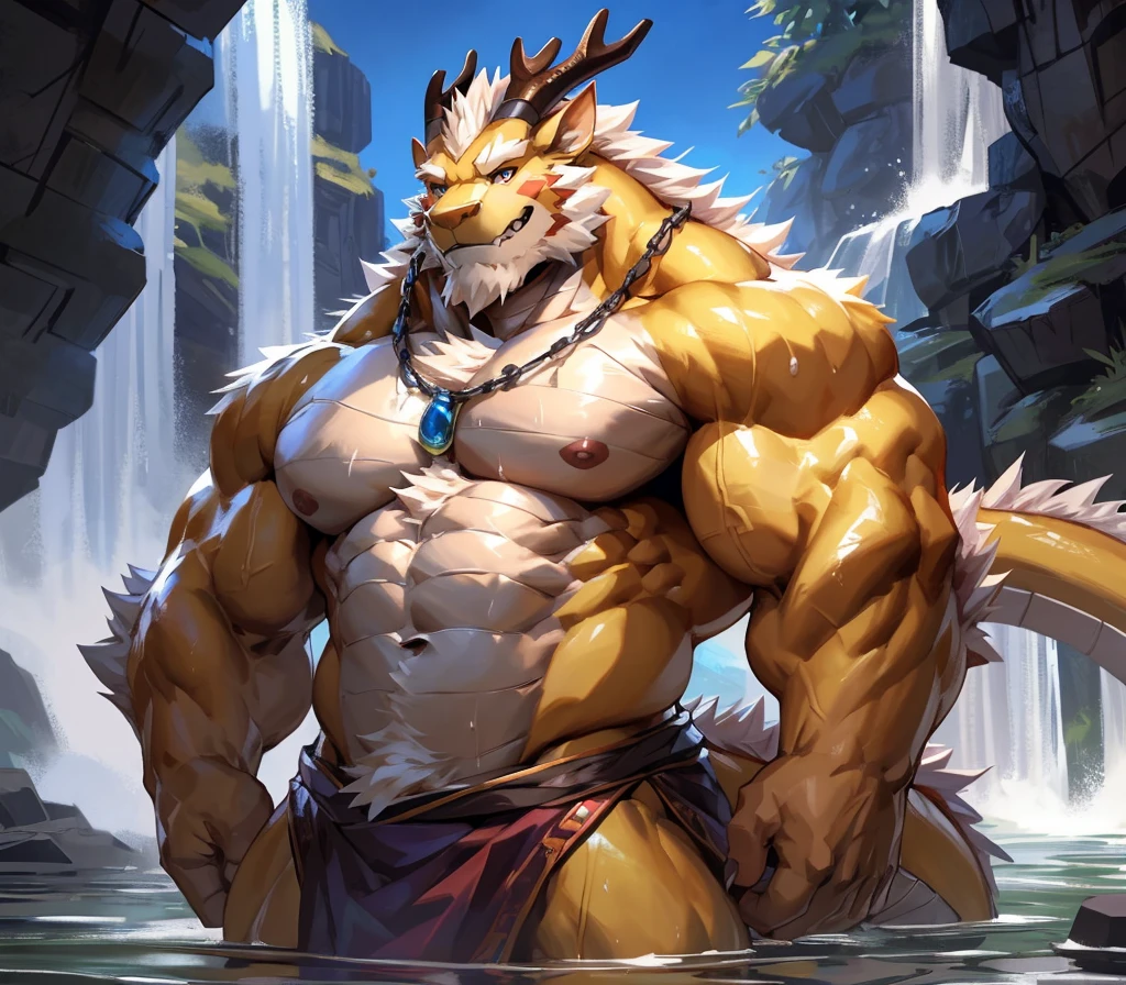 absurdres, ((best quality)), ((masterpiece)), (ultra detailed),perfect face,antro oriental dragon:2.5, male , (((chinese dragon))):2.5, (((eastern dragon))):2.5,((yellow body)), (strong beefy muscular body), (abs, strongmuscles, 8 pack), furry, handsome,Beautiful and delicate eyes, (ultra detailed eyes, mauve color eyes, sharp eyes), night, detailed scene,full body, shirtless, topless, pink nipples, (by null-ghost,by traver009,by lindong,by pino daeni), (full body), wearing random pattern necklace, claws, ((fluffy fur, fluffy, furry body)), majestic, (a pair of dragon antler), upper body naked, muscular male, (loincloth, with purple pattern :0.8), big fellow, huge body, handsome,handsome, majestic, barbarous, official art, hairy, male, by the waterfall, bathing, full body view, sweating:1.8