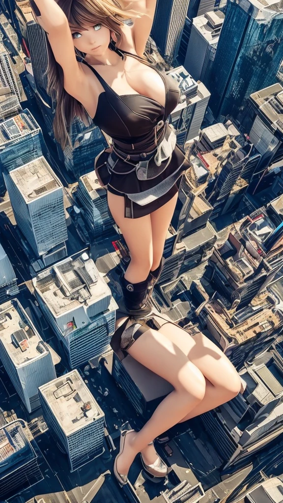The giant girl wields a hammer and destroys the city,Girl sitting on a building,A giant woman in a lying on top of a cyberpunk city, Wear short skirts,Little guys running around the giant girl,The little person panicked and ran away,Many cars pass by, Standing on her hand, cgsociety 9, 2. 5 d cgi fantasy art, engine rendering unreal + a goddess, full body cgsociety, artgerm ; Hyper realistic 3d content, giant art, super detailed 3d matte paintings, super detailed 3d matte paintings, realistic fantasy art, realistic 3 d anime style. Beautiful girl. Big thighs."The boy stood on the top of a high-rise building waving to the girl". Color ultra 4k.The little person panicked and ran away.Giant attack.Shibuya,tokyo.