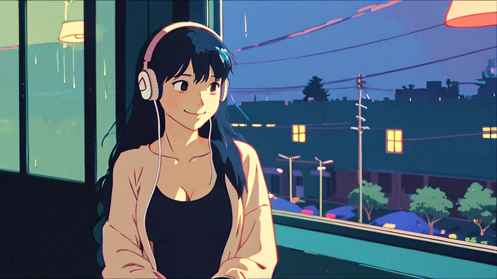 night、Girl listening to music in a cozy room, Use headphones, 2D Style Anime, Rain outside the window、Analog Color Theme、Ghibli style、neon, close up, detailed background, chill, rain outdoor, detailed face, smile, long hair, large breast, crop top, crop, city light