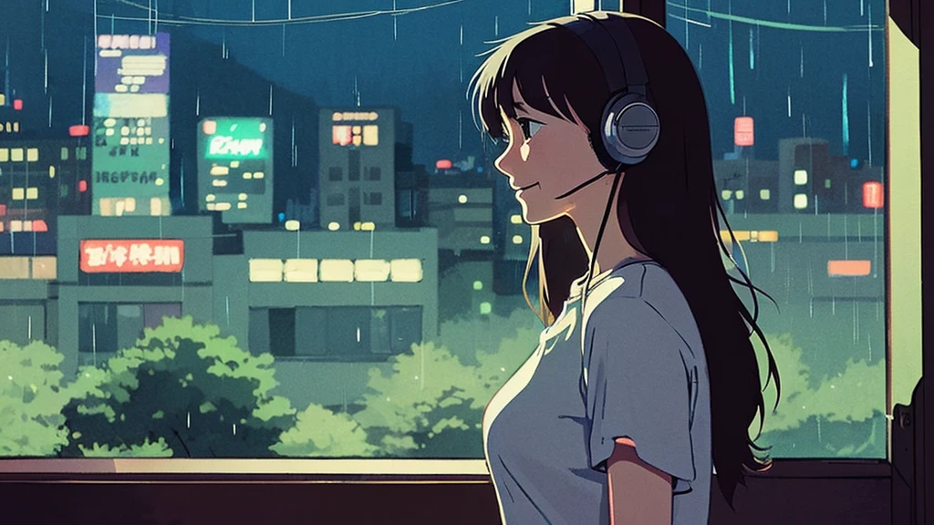 night、Girl listening to music in a cozy room, Use headphones, 2D Style Anime, Rain outside the window、Analog Color Theme、Ghibli style、neon, close up, detailed background, chill, rain outdoor, detailed face, smile, long hair, large breast, crop top, crop, city light