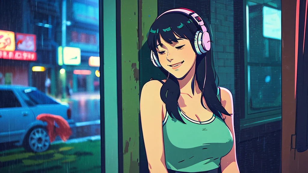 night、Girl listening to music in a cozy room, Use headphones, 2D Style Anime, Rain outside the window、Analog Color Theme、Ghibli style、neon, close up, detailed background, chill, rain outdoor, detailed face, smile, long hair, large breast, crop top, crop, city light