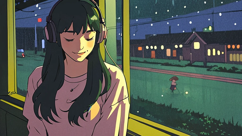 night、Girl listening to music in a cozy room, Use headphones, 2D Style Anime,  Rain outside the window、Analog Color Theme、Ghibli style、neon, close up, detailed background, chill, rain outdoor, detailed face, smile, long hair, large breast, crop top, crop, city light