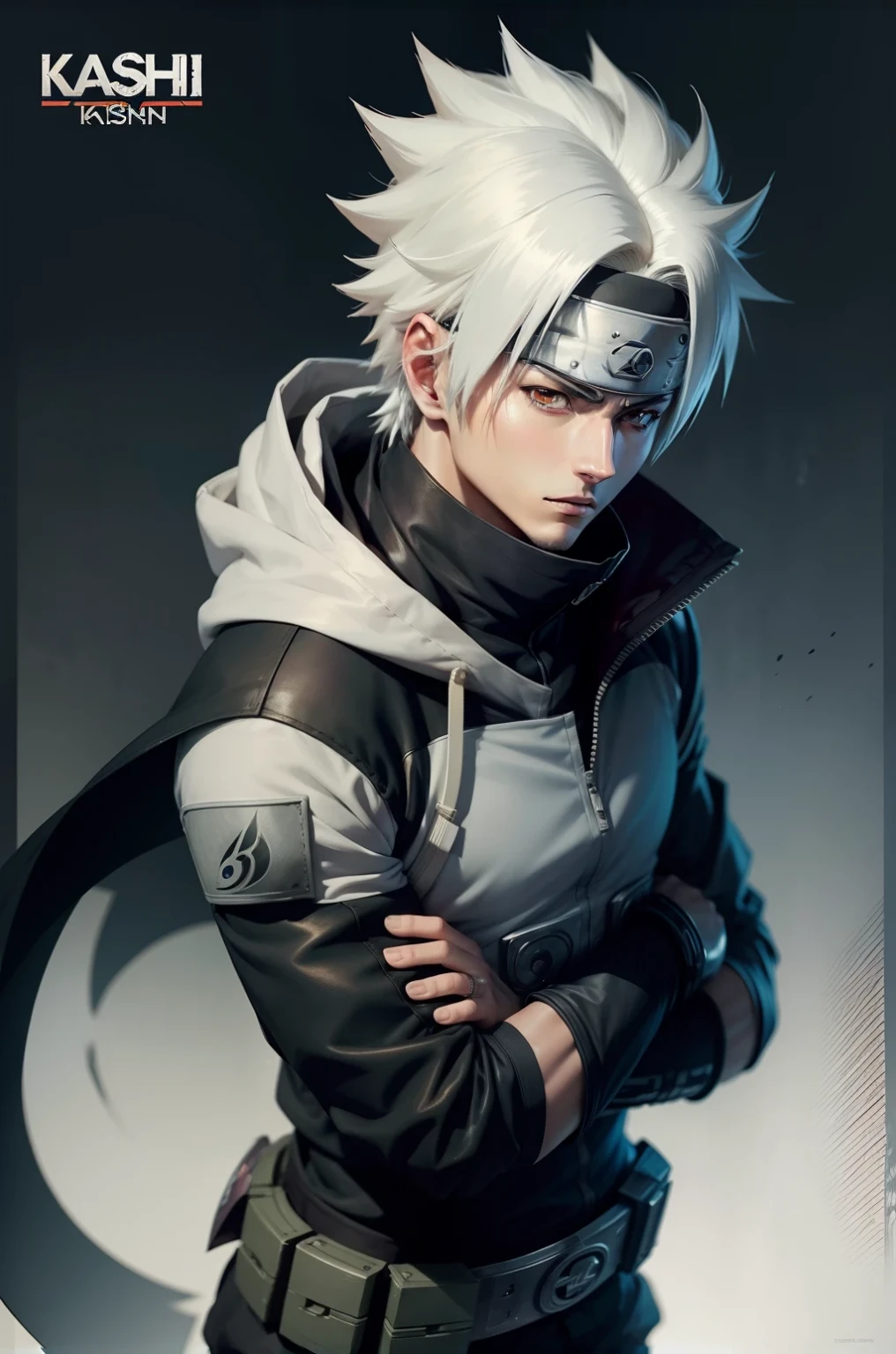 good looking white haired guy in ninja suit, blue eyes, full body image.