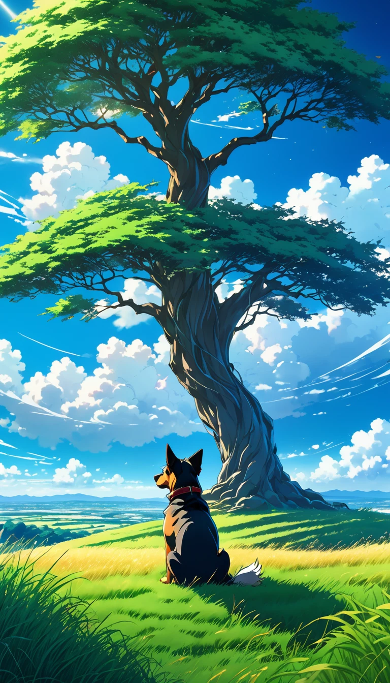 anime landscape of a dog sitting under a big tree on a hill with tall grasses watching a blue sky with bright white clouds serene sky anime nature wallpapers, beautiful anime scene, beautiful anime peace scene, Makoto Shinkai Cyril Rolando, beautiful anime scene, amazing wallpaper, anime art wallpaper 8k, anime background, artistic anime background, anime wallpaper 4k, anime art 4k wallpaper, anime wallpaper art 4k,