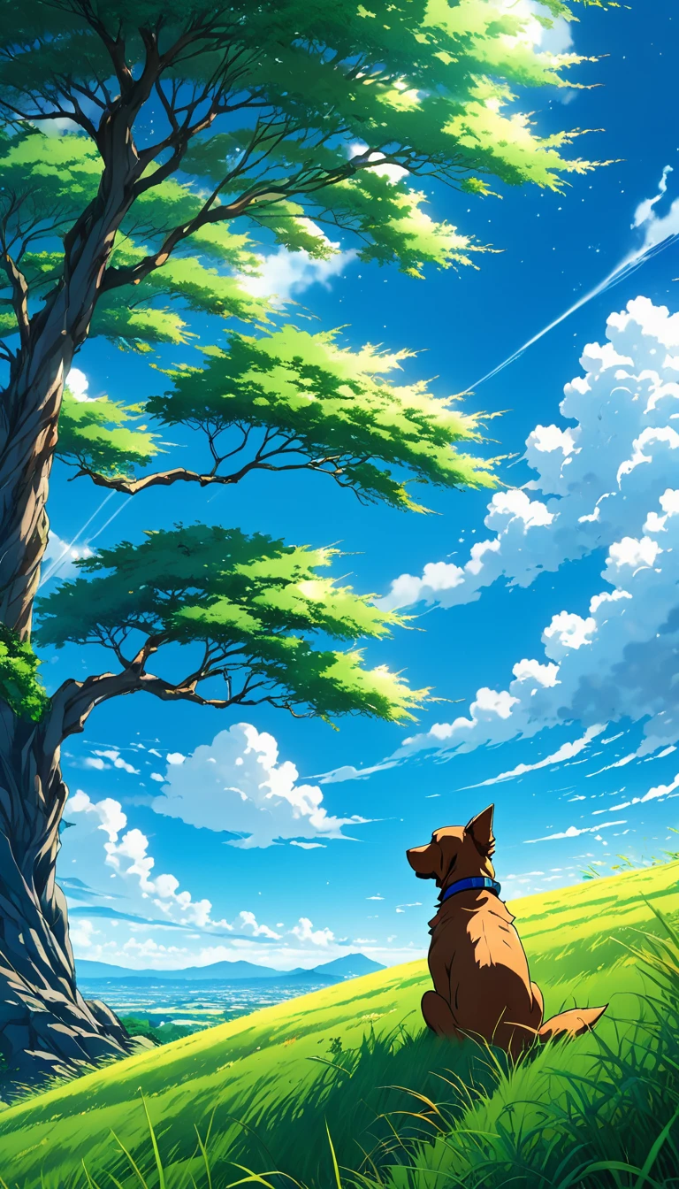 anime landscape of a dog sitting under a big tree on a hill with tall grasses watching a blue sky with bright white clouds serene sky anime nature wallpapers, beautiful anime scene, beautiful anime peace scene, Makoto Shinkai Cyril Rolando, beautiful anime scene, amazing wallpaper, anime art wallpaper 8k, anime background, artistic anime background, anime wallpaper 4k, anime art 4k wallpaper, anime wallpaper art 4k,