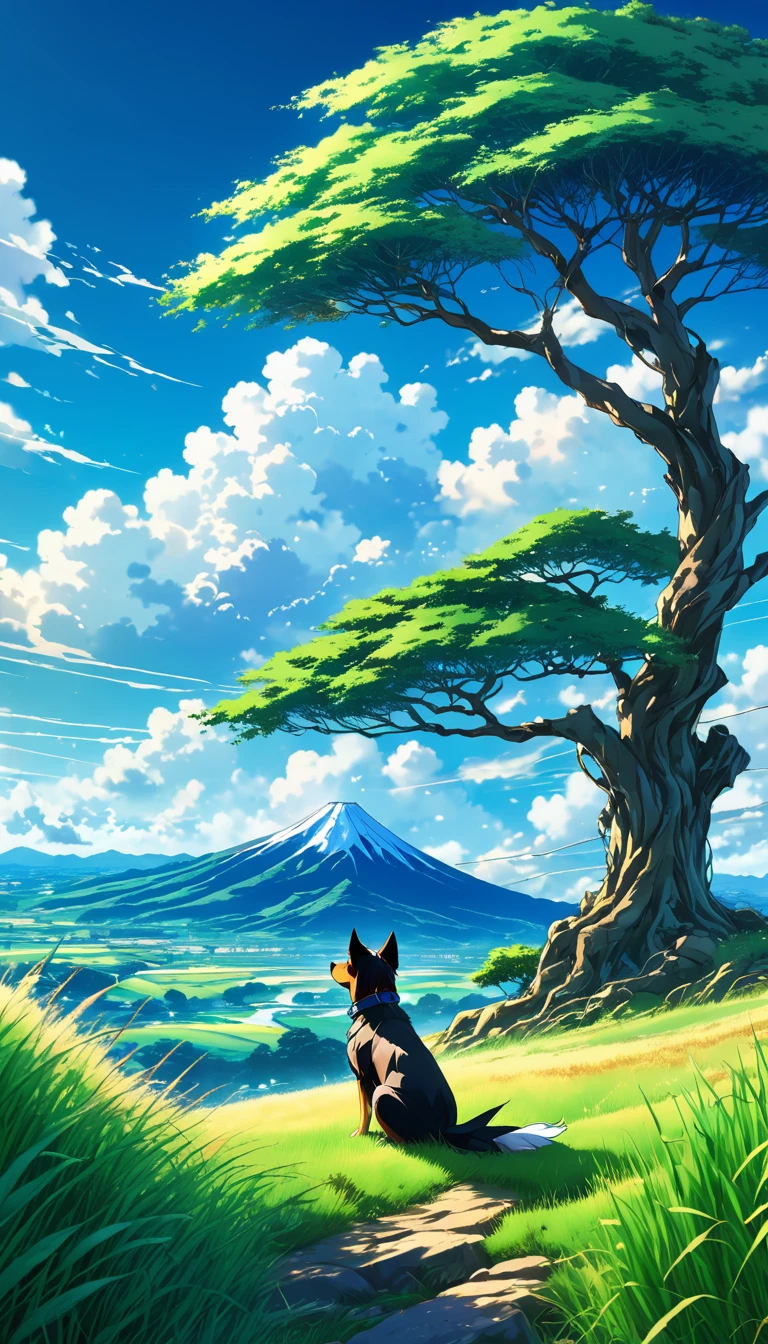 anime landscape of a dog sitting under a big tree on a hill with tall grasses watching a blue sky with bright white clouds serene sky anime nature wallpapers, beautiful anime scene, beautiful anime peace scene, Makoto Shinkai Cyril Rolando, beautiful anime scene, amazing wallpaper, anime art wallpaper 8k, anime background, artistic anime background, anime wallpaper 4k, anime art 4k wallpaper, anime wallpaper art 4k,