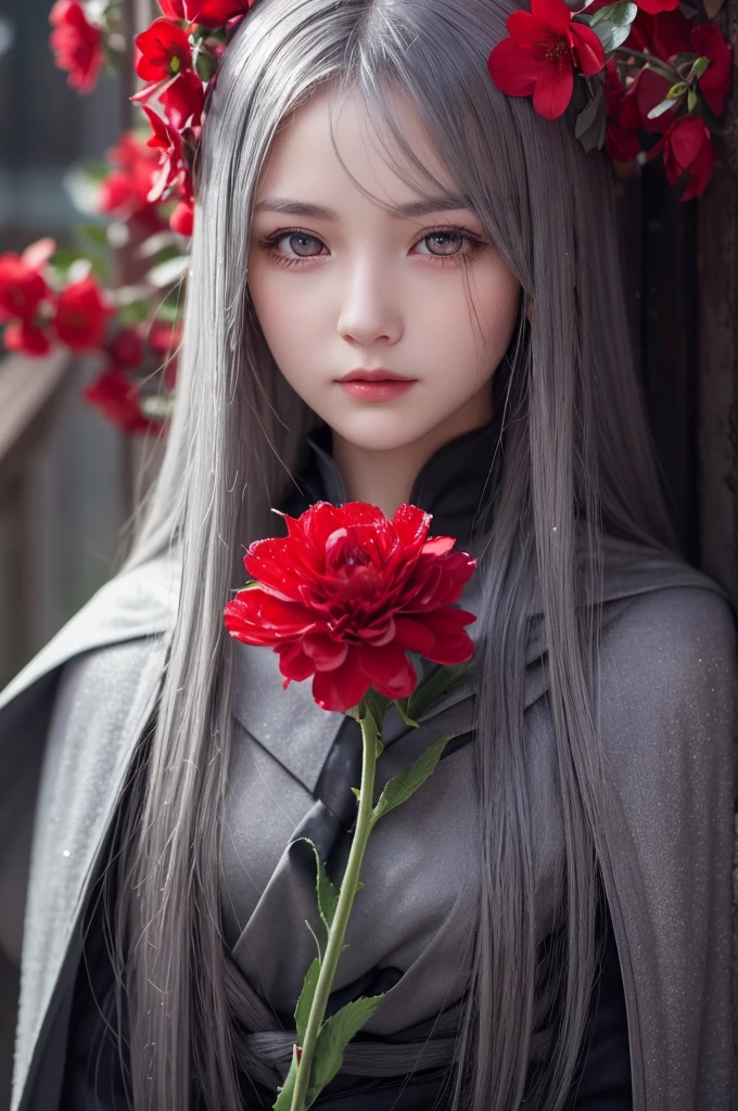 One girl,alone,One girl,alone,((Beautiful attention to detail)), (Detailed light),Depth of written boundary,(Gray Hair),Silver Eyes,Hair on one eye,(Red flower ), Hair Flowers,Long Hair,Black Cape,Wet,emotionless,Recall,night,Starfall,it's raining,fog,Red flowers falling,sketch,Upper Body,Strong Shadows,