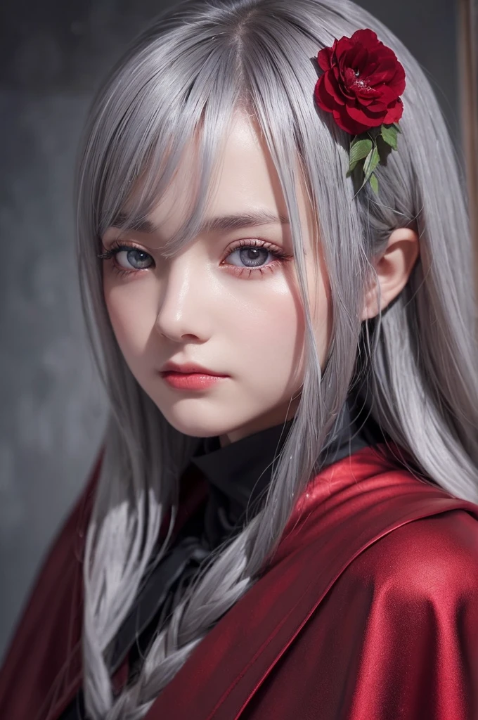 One girl,alone,One girl,alone,((Beautiful attention to detail)), (Detailed light),Depth of written boundary,(Gray Hair),Silver Eyes,Hair on one eye,(Red flower ), Hair Flowers,Long Hair,Black Cape,Wet,emotionless,Recall,night,Starfall,it's raining,fog,Red flowers falling,sketch,Upper Body,Strong Shadows,