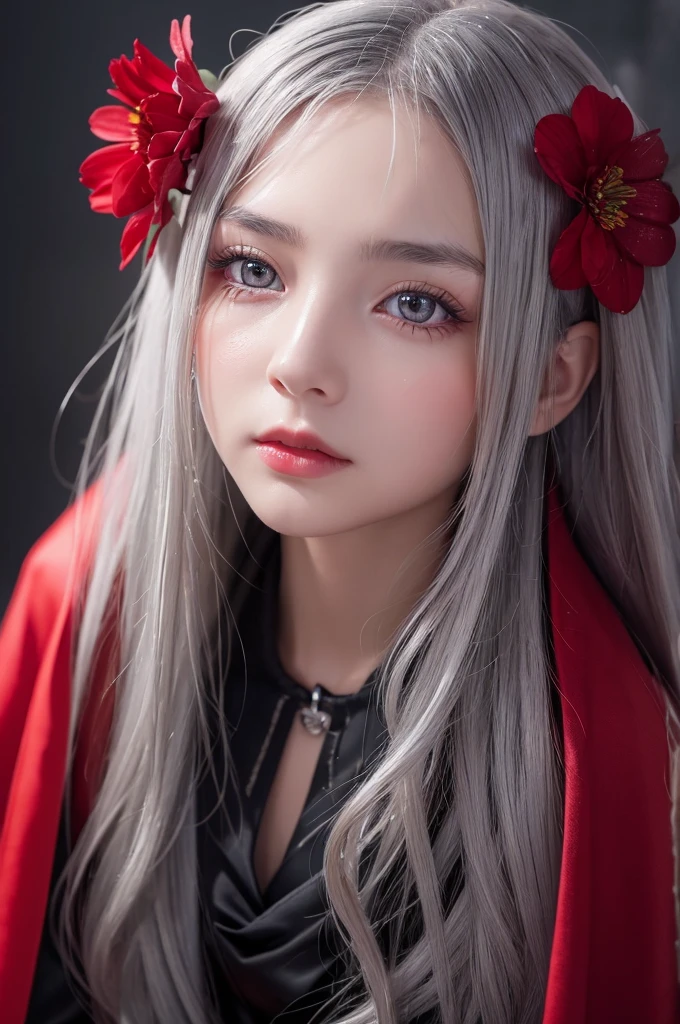 One girl,alone,One girl,alone,((Beautiful attention to detail)), (Detailed light),Depth of written boundary,(Gray Hair),Silver Eyes,Hair on one eye,(Red flower ), Hair Flowers,Long Hair,Black Cape,Wet,emotionless,Recall,night,Starfall,it's raining,fog,Red flowers falling,sketch,Upper Body,Strong Shadows,